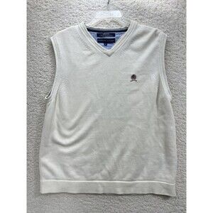 Tommy Hilfiger Sweater Vest Adult L Beige Cotton Knit Logo V Neck Pullover Mens